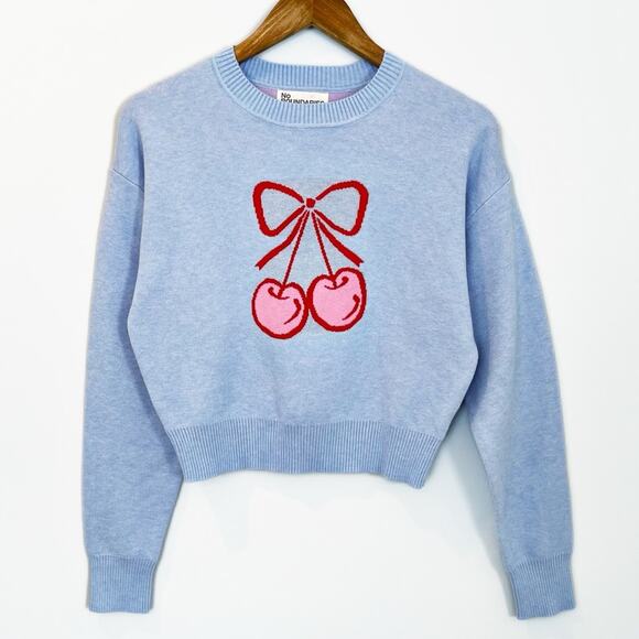 ๐ 3/$10 ๐ No Boundaries Cherry Design Sweater Light Blue Red Size Small - Picture 1 of 13